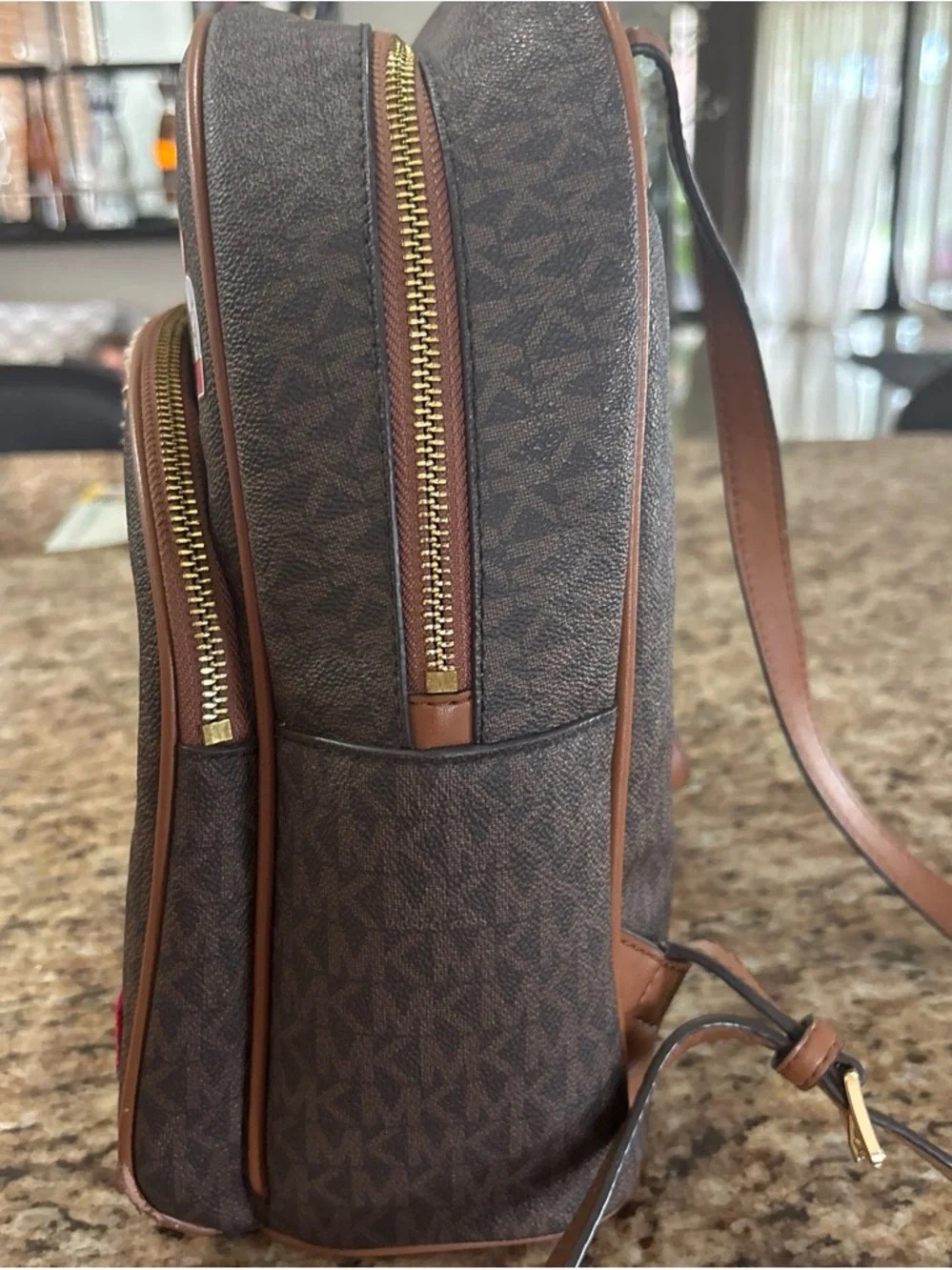 Michael Kors Brown Logo-Print Backpack with Cream Shearling Trim